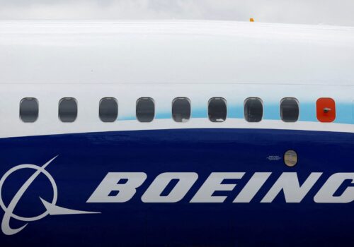 The Boeing logo is seen on the side of a Boeing 737 MAX at the Farnborough International Airshow, in Farnborough, Britain, July 20, 2022.